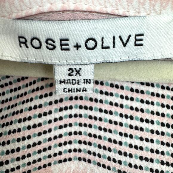 Rose + Olive Womens Button Front Shirt Top Size 2X Chiffon Geo Plaid Flowy Pink - Picture 2 of 7